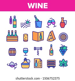 Wine Product Collection Elements Vector Icons Set Thin Line. Wine Bottle And Glasses, Barrel And Card, Cheese And Grape Concept Linear Pictograms. Vineyard Color Contour Illustrations