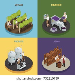 Wine production 2x2 design concept with vintage crushing produce and aging square compositions isometric vector illustration