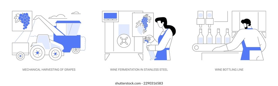 Wine production abstract concept vector illustration set. Mechanical harvesting of grapes, wine fermentation in stainless steel, bottling line, beverage production industry abstract metaphor.