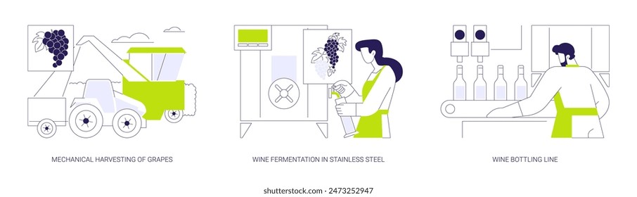 Wine production abstract concept vector illustration set. Mechanical harvesting of grapes, wine fermentation in stainless steel, bottling line, beverage production industry abstract metaphor.