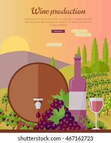 Wine production banner. Bottle of wine, beaker, vineyard, wooden barrel, with grape valley on background. Creative advertisement poster for rose wine. Part of series of viniculture preparation. Vector