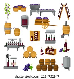 Wine Production with Barrel, Bottle Pouring and Grape Harvest Big Vector Set