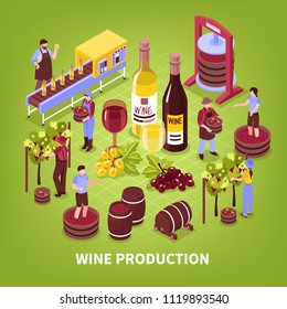 Wine production composition vineyard pressing of grapes bottling conveyor and aging in barrels isometric vector illustration