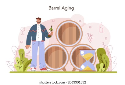 Wine production concept. Wine aging in a wood barrel or clay amphora. Table and prestigious alcohol drink characteristics assemblage. Grape wine in a bottle or glass. Flat vector illustration