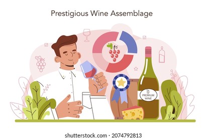 Wine production concept. Wine aging in a wood barrel or clay amphora. Table and prestigious alcohol drink characteristics assemblage. Grape wine in a bottle or glass. Flat vector illustration