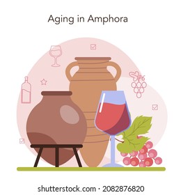 Wine production concept. Wine aging in a wood barrel or clay amphora. Table and prestigious alcohol drink characteristics assemblage. Grape wine in a bottle or glass. Flat vector illustration