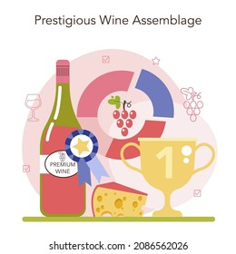 Wine production concept. Wine aging in a wood barrel or clay amphora. Table and prestigious alcohol drink characteristics assemblage. Grape wine in a bottle or glass. Flat vector illustration