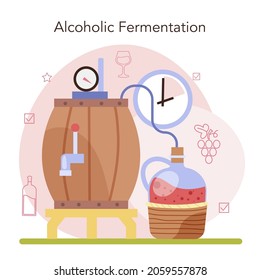 Wine production concept. Alcohol drink traditional making process and technology. Wine alcoholic fermentation. Grape wine in a bottle or glass. Flat vector illustration