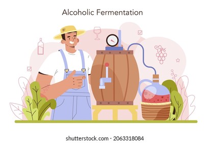 Wine production concept. Alcohol drink traditional making process and technology. Wine alcoholic fermentation. Grape wine in a bottle or glass. Flat vector illustration