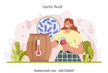 Wine production concept. Alcohol drink traditional making process and technology. Wine malolactic fermentation. Grape wine in a bottle or glass. Flat vector illustration