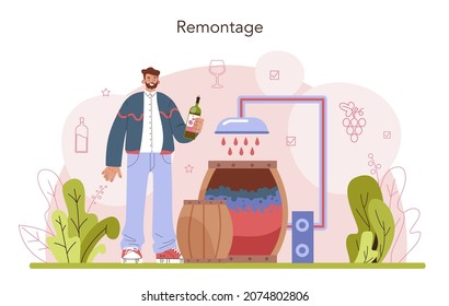 Wine production concept. Alcohol drink traditional making process and technology. Wine remontage. Grape wine in a bottle or glass. Flat vector illustration