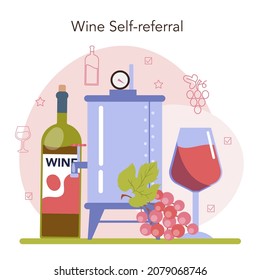 Wine production concept. Alcohol drink traditional making process and technology. Wine alcoholic fermentation. Grape wine in a bottle or glass. Flat vector illustration