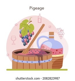 Wine production concept. Alcohol drink traditional making process and technology. Wine remontage. Grape wine in a bottle or glass. Flat vector illustration