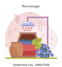 Wine production concept. Alcohol drink traditional making process and technology. Wine remontage. Grape wine in a bottle or glass. Flat vector illustration