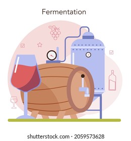 Wine production concept. Wine fermentation with wild and cultured yeast. Grape wine in a bottle or glass. Alcohol drink characteristics. Flat vector illustration