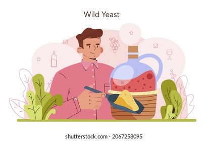 Wine production concept. Wine fermentation with wild and cultured yeast. Grape wine in a bottle or glass. Alcohol drink characteristics. Flat vector illustration
