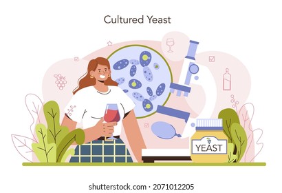 Wine production concept. Wine fermentation with wild and cultured yeast. Grape wine in a bottle or glass. Alcohol drink characteristics. Flat vector illustration