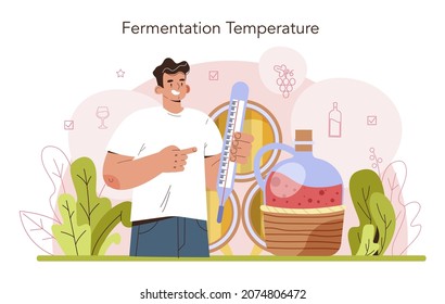 Wine production concept. Wine fermentation with wild and cultured yeast. Grape wine in a bottle or glass. Alcohol drink characteristics. Flat vector illustration