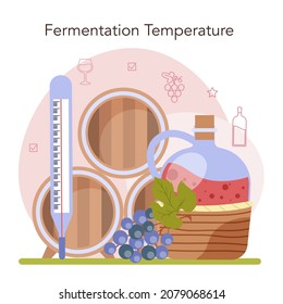 Wine production concept. Wine fermentation with wild and cultured yeast. Grape wine in a bottle or glass. Alcohol drink characteristics. Flat vector illustration