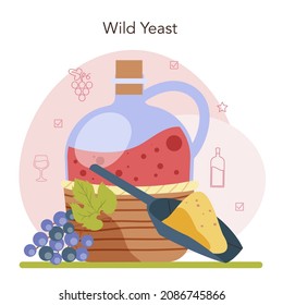 Wine production concept. Wine fermentation with wild and cultured yeast. Grape wine in a bottle or glass. Alcohol drink characteristics. Flat vector illustration