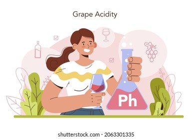 Wine production concept. Grape wine in a bottle or glass. Alcohol drink characteristics. Grape selection, acidity and sugar content. Flat vector illustration