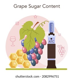 Wine production concept. Grape wine in a bottle or glass. Alcohol drink characteristics. Grape selection, acidity and sugar content. Flat vector illustration