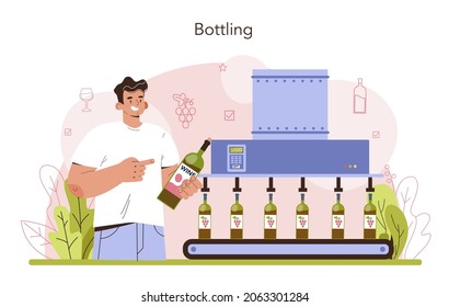 Wine production concept. Grape wine puted in bottles for sale. Alcohol market entry. Champagne, red, white and rose wine. Glass full of alcohol drink. Flat vector illustration