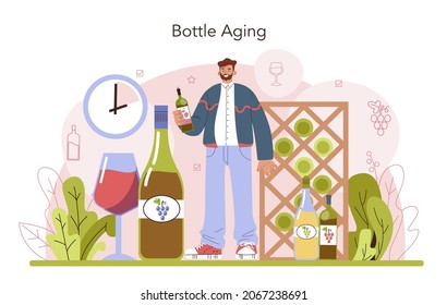 Wine production concept. Grape wine puted in bottles for sale. Alcohol bottle aging. Champagne, red, white and rose wine. Glass full of alcohol drink. Flat vector illustration