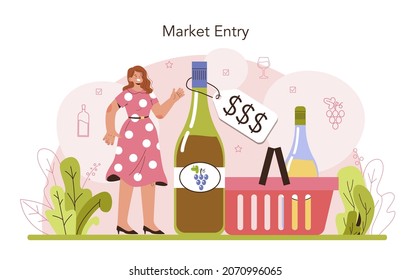 Concepto de producción de vino. Vino de uva puesto en botellas a la venta. Entrada al mercado del alcohol. Champagne, vino tinto, blanco y rosado. Vidrio lleno de alcohol. Ilustración vectorial plana