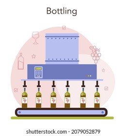 Wine production concept. Grape wine puted in bottles for sale. Alcohol market entry. Champagne, red, white and rose wine. Glass full of alcohol drink. Flat vector illustration