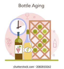 Wine production concept. Grape wine puted in bottles for sale. Alcohol bottle aging. Champagne, red, white and rose wine. Glass full of alcohol drink. Flat vector illustration