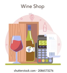 Wine production concept. Grape wine puted in bottles for sale. Alcohol market entry. Champagne, red, white and rose wine shop. Glass full of alcohol drink. Flat vector illustration