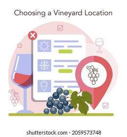 Concepto de producción de vino. Selección y cultivo de árboles de uva. Selección de viñas y plantación de uvas. Buena cosecha. Características de la bebida alcohólica. Ilustración vectorial plana