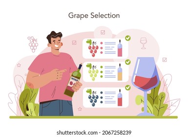 Wine production concept. Grape tree selection and cultivation. Vineyard selection and grape planting. Good harvest. Alcohol drink characteristics. Flat vector illustration