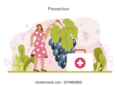 Concepto de producción de vino. Selección y cultivo de árboles de uva. Prevención de plagas y enfermedades de uva. Buena cosecha. Características de la bebida alcohólica. Ilustración vectorial plana
