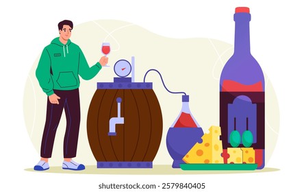 Wine production concept. Man near barrel with alcoholic drink. Wine and cheese. Alcoholic drinks and beverages. Winemaking and viticulture, grapevine. Flat vector illustration