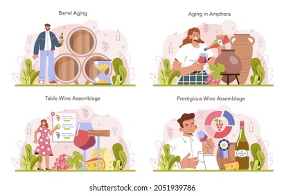 Wine production concept set. Wine aging in a wood barrel or clay amphora. Table and prestigious alcohol drink characteristics assemblage. Grape wine in a bottle or glass. Flat vector illustration
