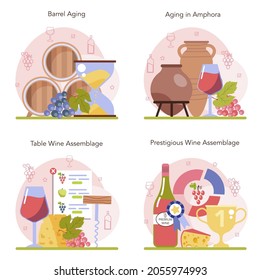 Wine production concept set. Wine aging in a wood barrel or clay amphora. Table and prestigious alcohol drink characteristics assemblage. Grape wine in a bottle or glass. Flat vector illustration