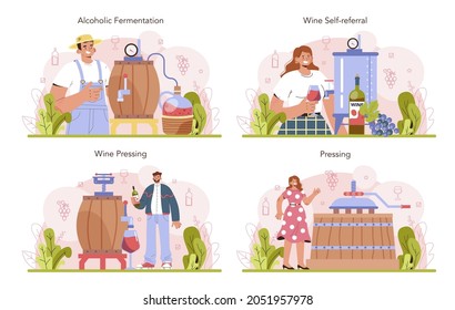 Wine production concept set. Alcohol drink traditional making process and technology. Wine alcoholic fermentation and pressing. Grape wine in a bottle or glass. Flat vector illustration