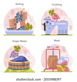 Wine production concept set. Grape selection and processing. Grape berries sorting and treading. Alcohol drink characteristics. Grape wine in a bottle or glass. Flat vector illustration