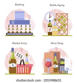 Wine production concept set. Grape wine puted in bottles for sale. Alcohol market entry. Champagne, red, white and rose wine. Glass full of alcohol drink. Flat vector illustration