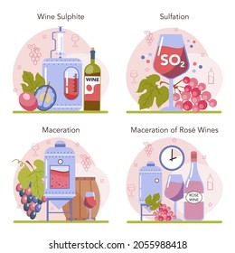 Wine Production Concept Set. Red And Rose Wine Sulfation And Maceration. Alcohol Drink Characteristics Improvement, Appearance, Taste, And Shelf Life. Wine In A Bottle Or Glass. Vector Illustration