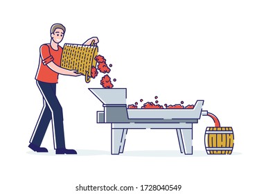 Wine Production Concept. Smiling Male Character Works On Wine Plant. Character Empties Harvested Grapes From Wicker Basket To Crushing Machine. Cartoon Linear Outline Flat Style Vector Illustration