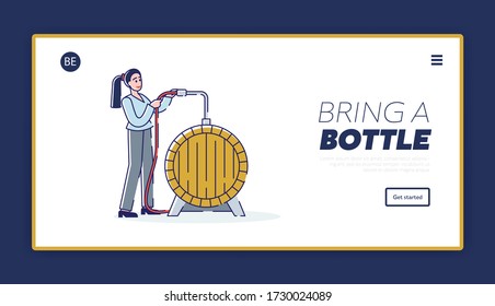 Wine Production Concept. Website Landing Page. Cheerful Woman Technologist Controls Process Of Fermenting Must Of Wine In Wooden Barrel. Web Page Cartoon Linear Outline Flat Style Vector Illustration