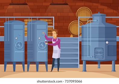 Wine production equipment in winery facility cellar with winemaker tasting and evaluating product cartoon composition vector illustration 