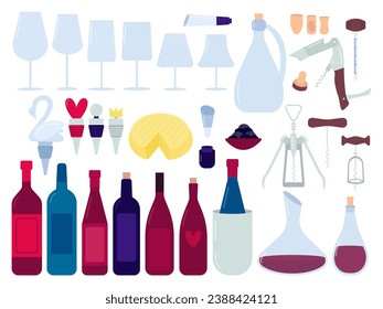 Wine production flat design set. Vector different wineglasses, red wine bottles, other sommelier tools set