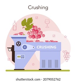 Wine production. Grape selection and processing. Grape berries treading. Alcohol drink characteristics. Grape wine in a bottle or glass. Flat vector illustration