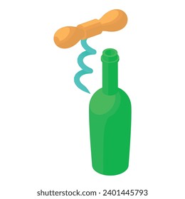 Wine production icon isometric vector. Corkscrew near opened green glass bottle. Winemaking, degustation concept