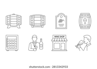 Wine production icon set featuring barrels cellar shop sommelier and tasting elements for vector design.