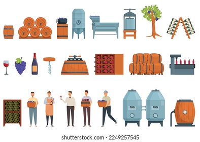 Iconos de producción de vino establecen el vector de dibujos animados. Agricultura de invierno. Industria de procesos